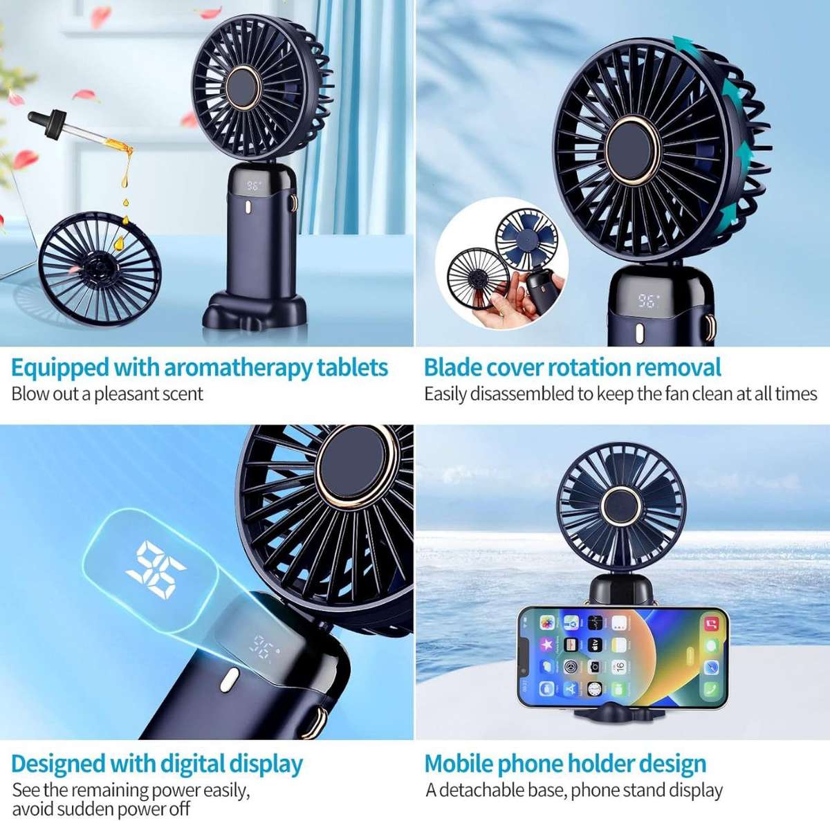 Hand Fan Rechargeable USB Fan with LED Display and Phone Stand