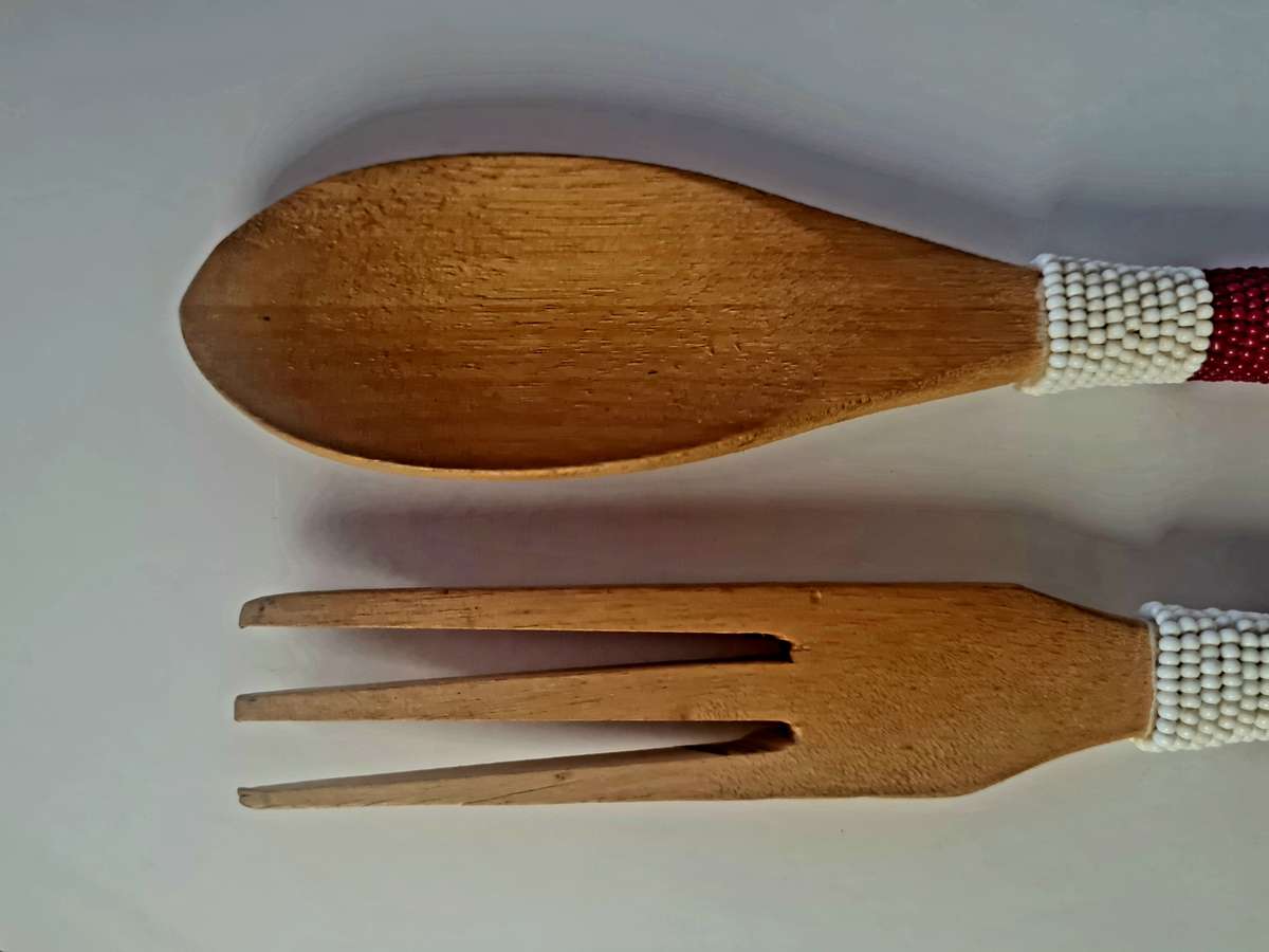 Salad servers, wooden with bead detail.