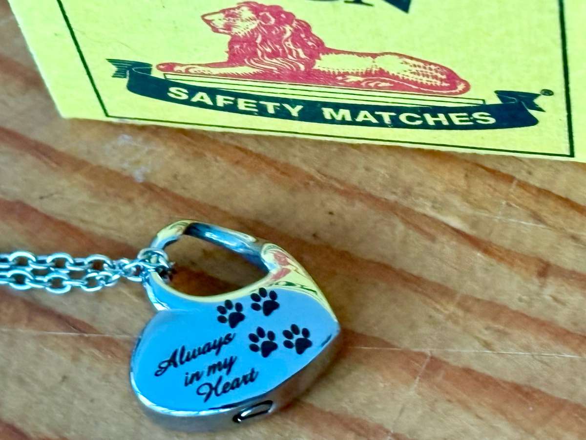 Keepsake urn pendant. Always in my heart pet. Stainless steel.