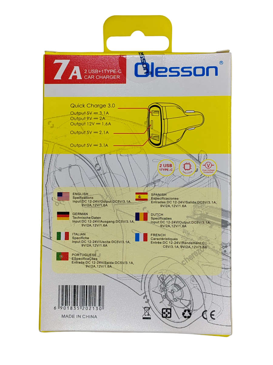 Fast Charging - 3 Port Car Charger 2 USB And 1 Type C With Type Cable