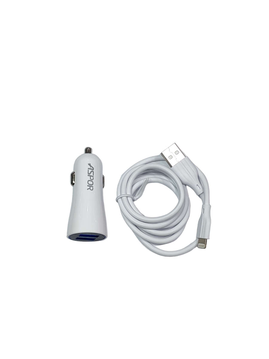 Dual Usb Port Car Charger 2.4A iPhone With Usb To Lightning Cable - White