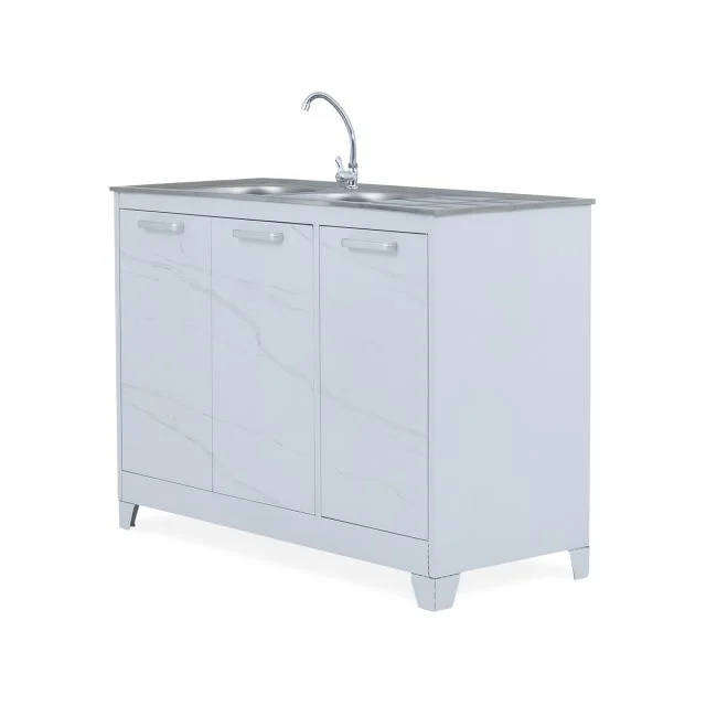 Steel Kitchen Sink Cabinet Unit White Marble Finish Three Door