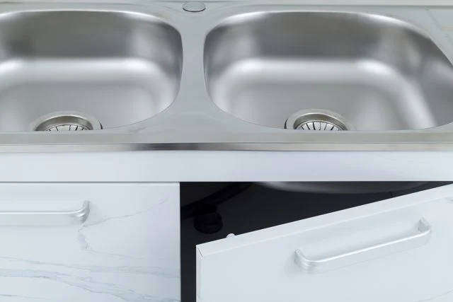 Steel Kitchen Sink Cabinet Unit White Marble Finish Three Door