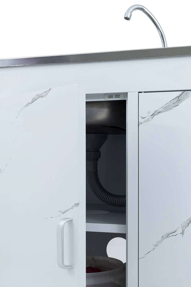 Steel Kitchen Sink Cabinet Unit White Marble Finish Three Door