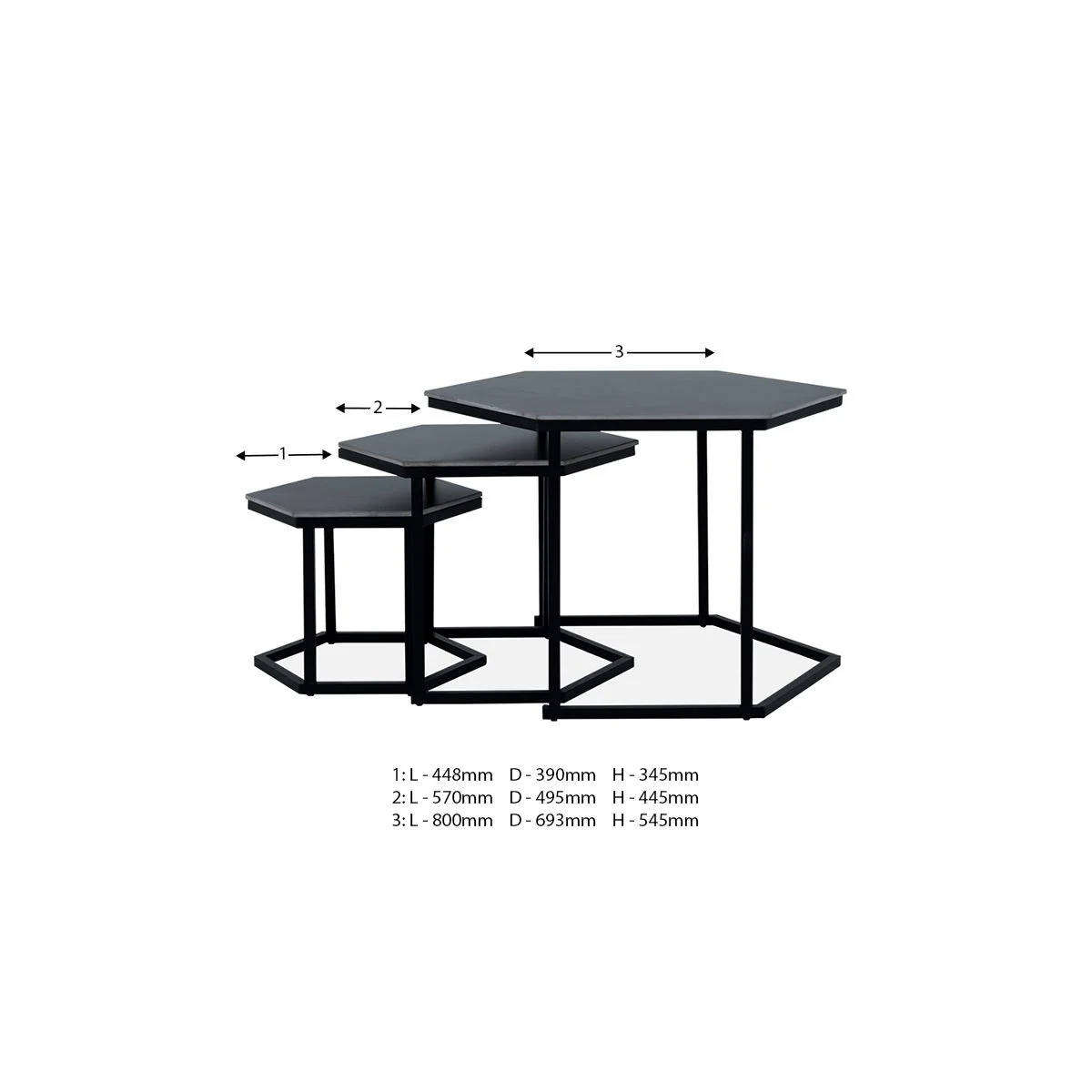 Modern 3-Piece Coffee Table Set Black Marble-Look Hexagonal Tables