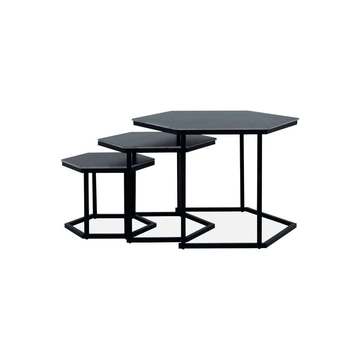 Modern 3-Piece Coffee Table Set Black Marble-Look Hexagonal Tables
