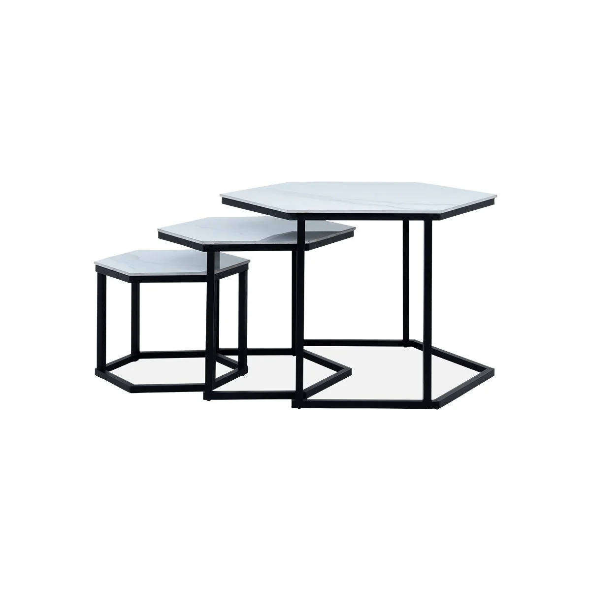Modern 3-Piece Coffee Table Set White Marble-Look Hexagonal Tables