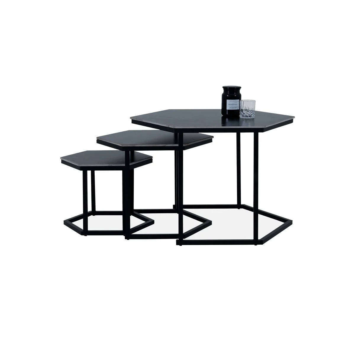 Modern 3-Piece Coffee Table Set Black Marble-Look Hexagonal Tables
