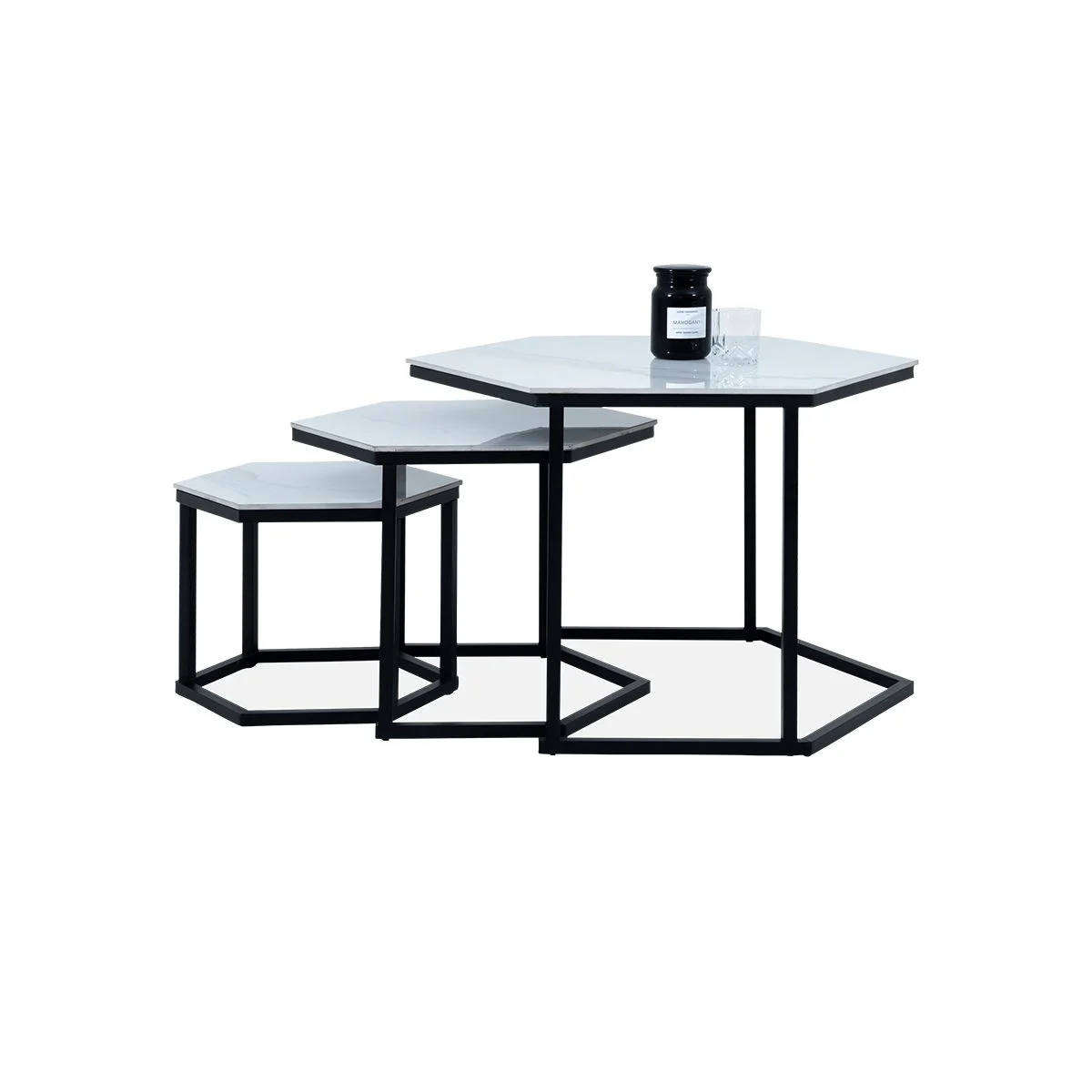 Modern 3-Piece Coffee Table Set White Marble-Look Hexagonal Tables