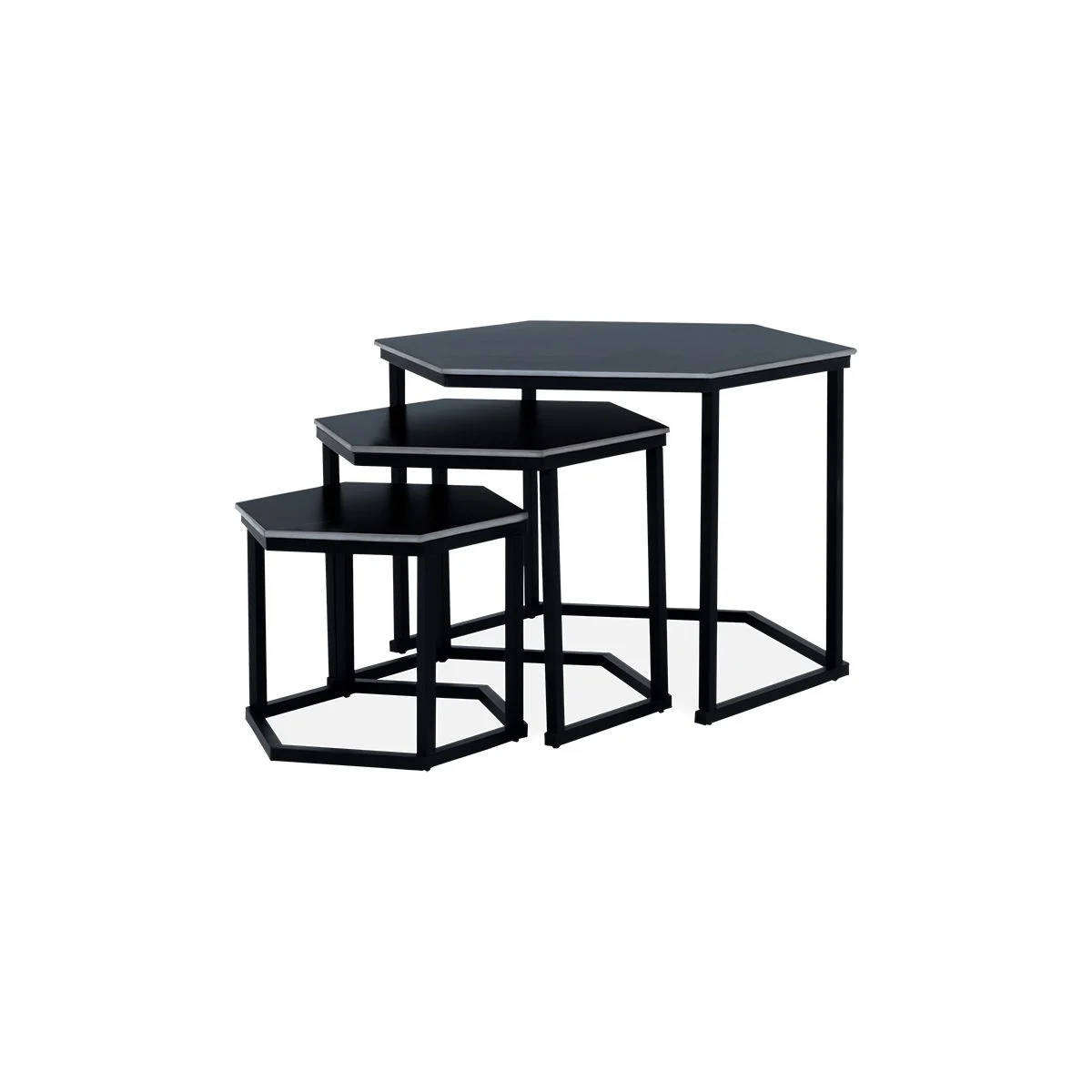 Modern 3-Piece Coffee Table Set Black Marble-Look Hexagonal Tables