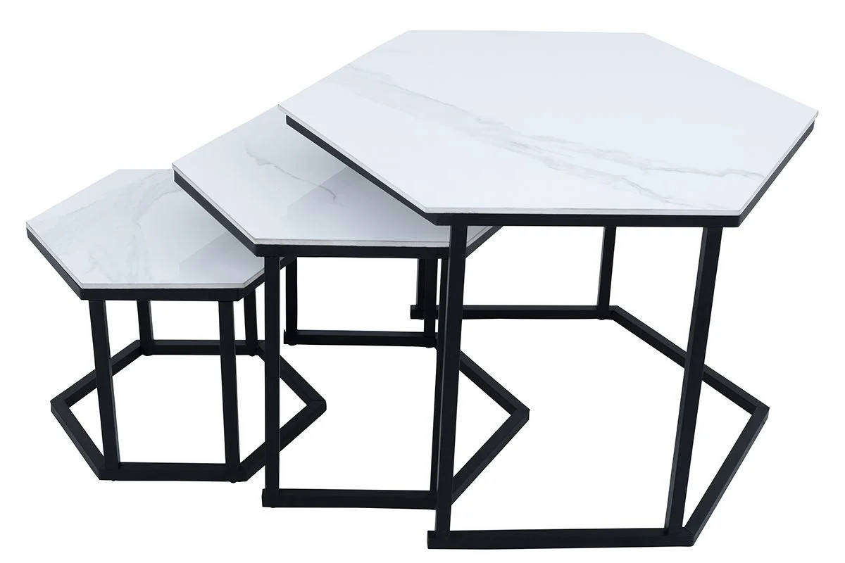 Modern 3-Piece Coffee Table Set White Marble-Look Hexagonal Tables