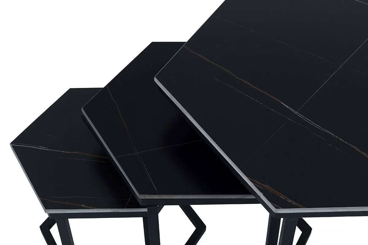 Modern 3-Piece Coffee Table Set Black Marble-Look Hexagonal Tables
