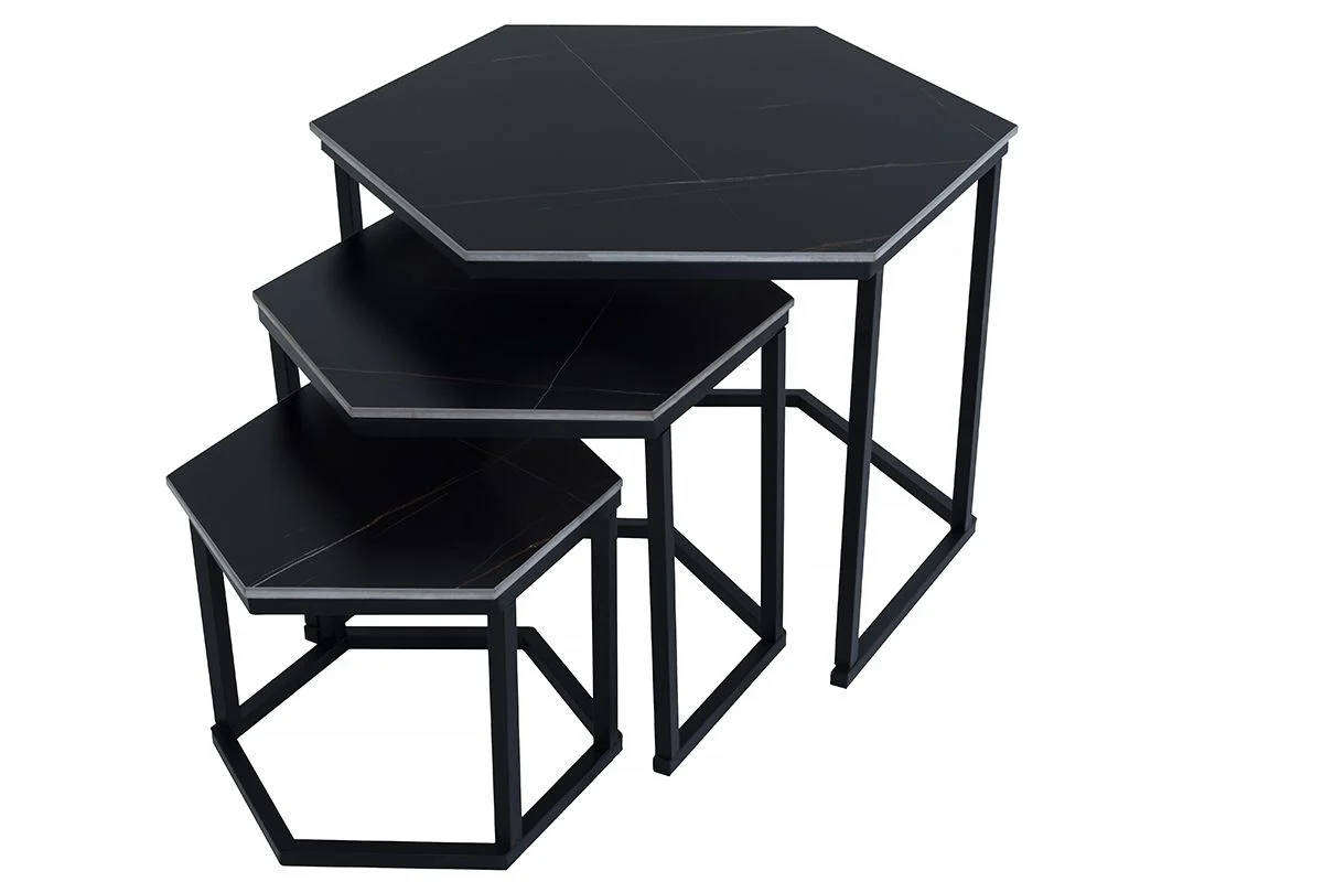 Modern 3-Piece Coffee Table Set Black Marble-Look Hexagonal Tables
