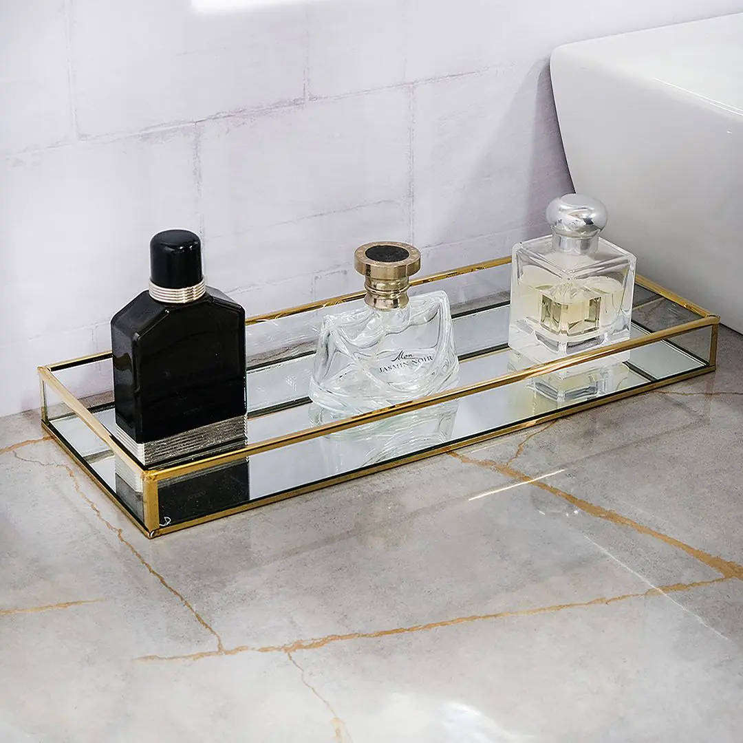 Glass Cosmetic Tray with Gold Metal Frame