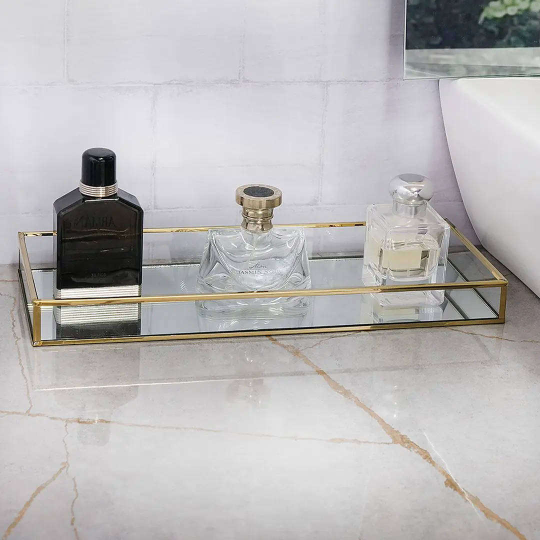 Glass Cosmetic Tray with Gold Metal Frame