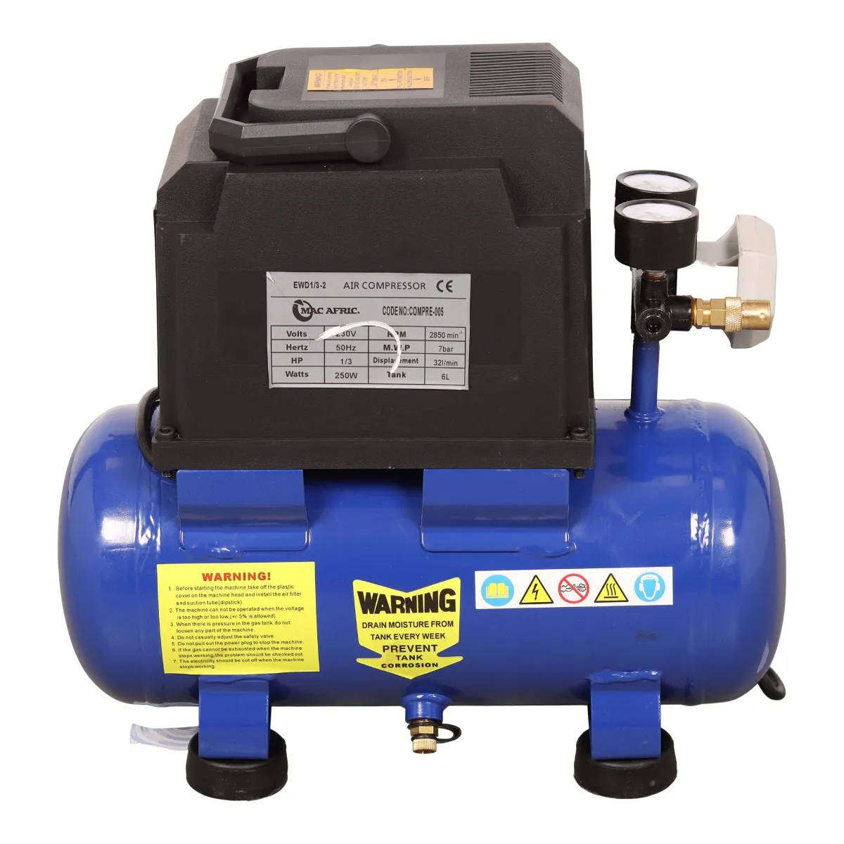 MAC AFRIC 6 Litre 250 W (1/3 HP) Oil-Free Air Compressor  230 V