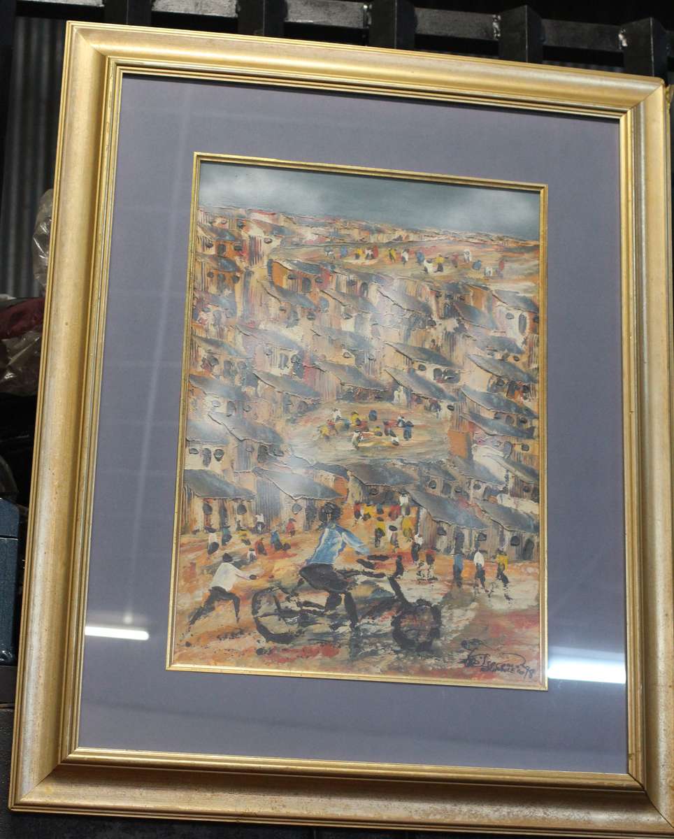 Original artwork by Solomon Ehkhaole  - Township Scene with Cyclist (Oil on Canvas Framed) 1998
