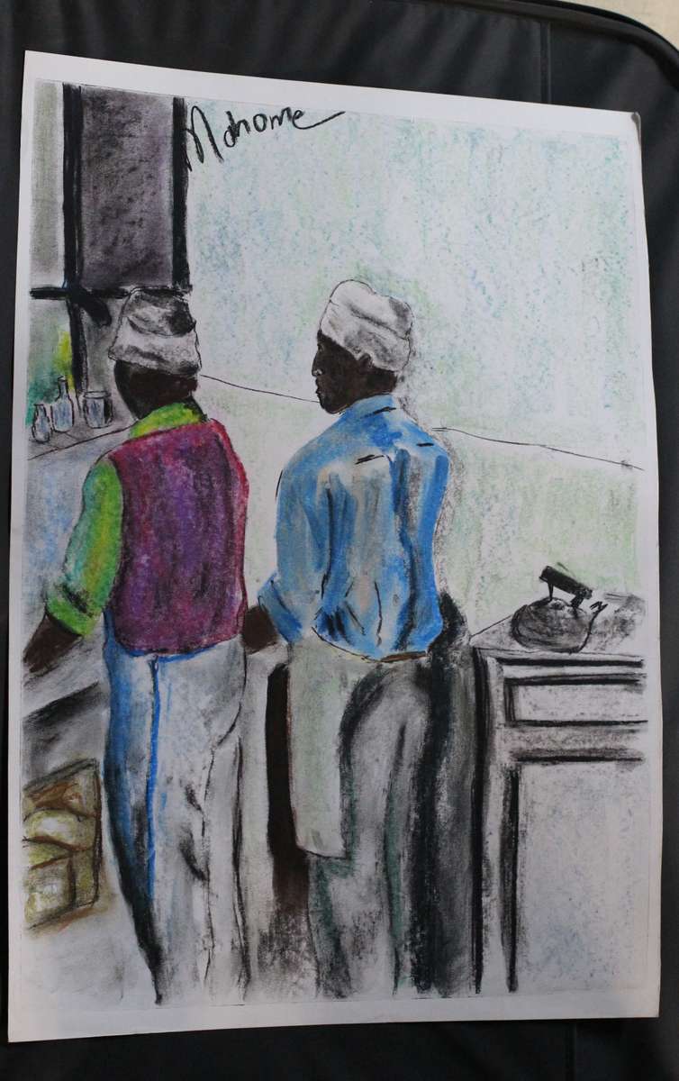 Original artwork by Lucas Mahome  - Men washing dishes (Pastel)