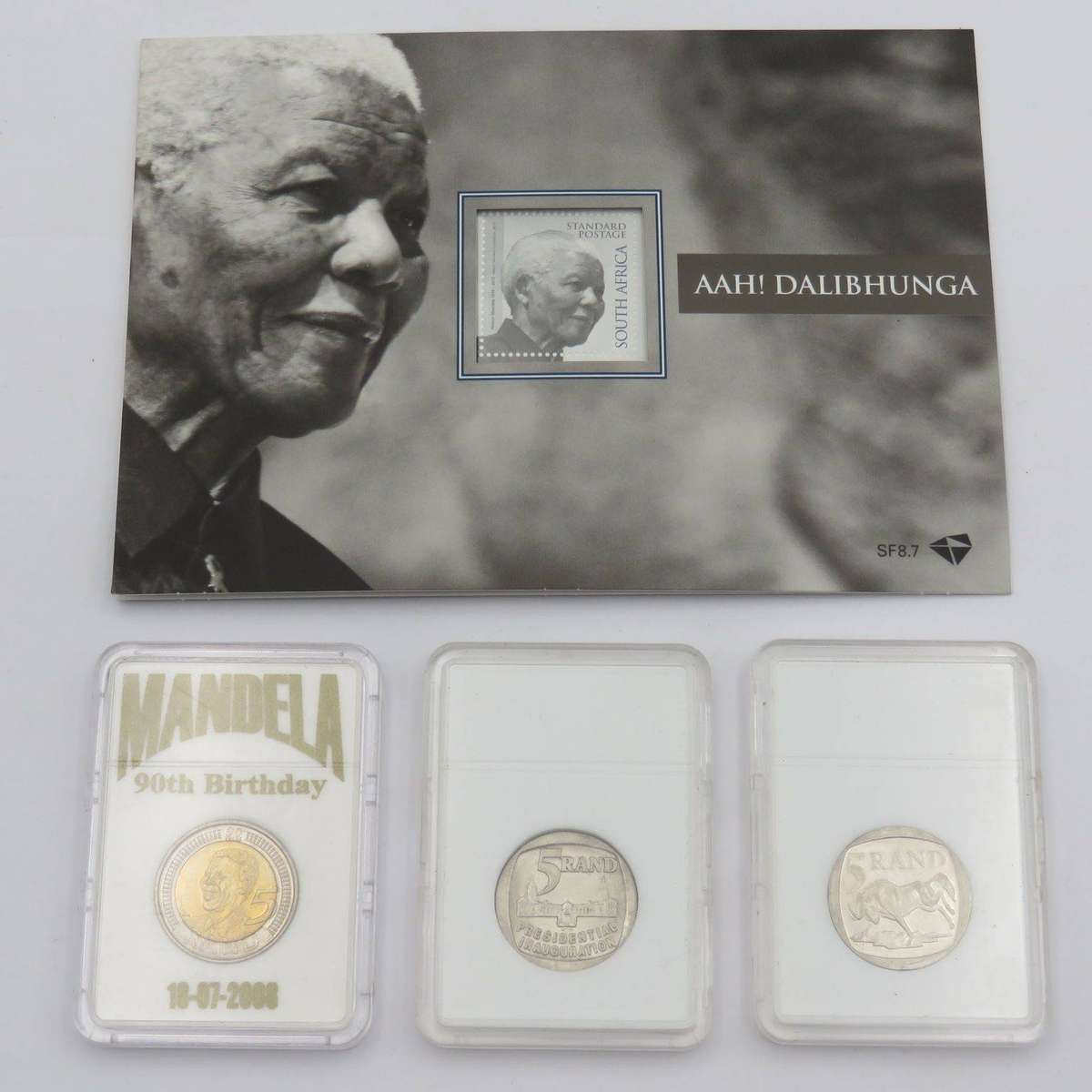 RSA SF8,7 (2013) Mandela's 90th Birthday Booklet issued by SA Postal Service with 3 UNC coins