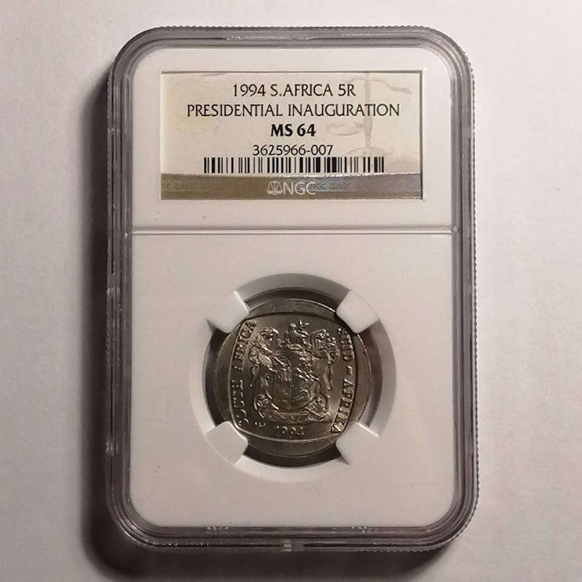 1994 South African Inauguration commemorative R5 coins graded MS64  by NGC