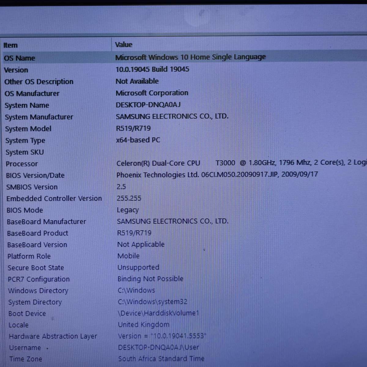 SAMSUNG Notebook Laptop NP-R519-JA02ZA 250GB HDD 1.8GHz Intel Celeron 2GB RAM