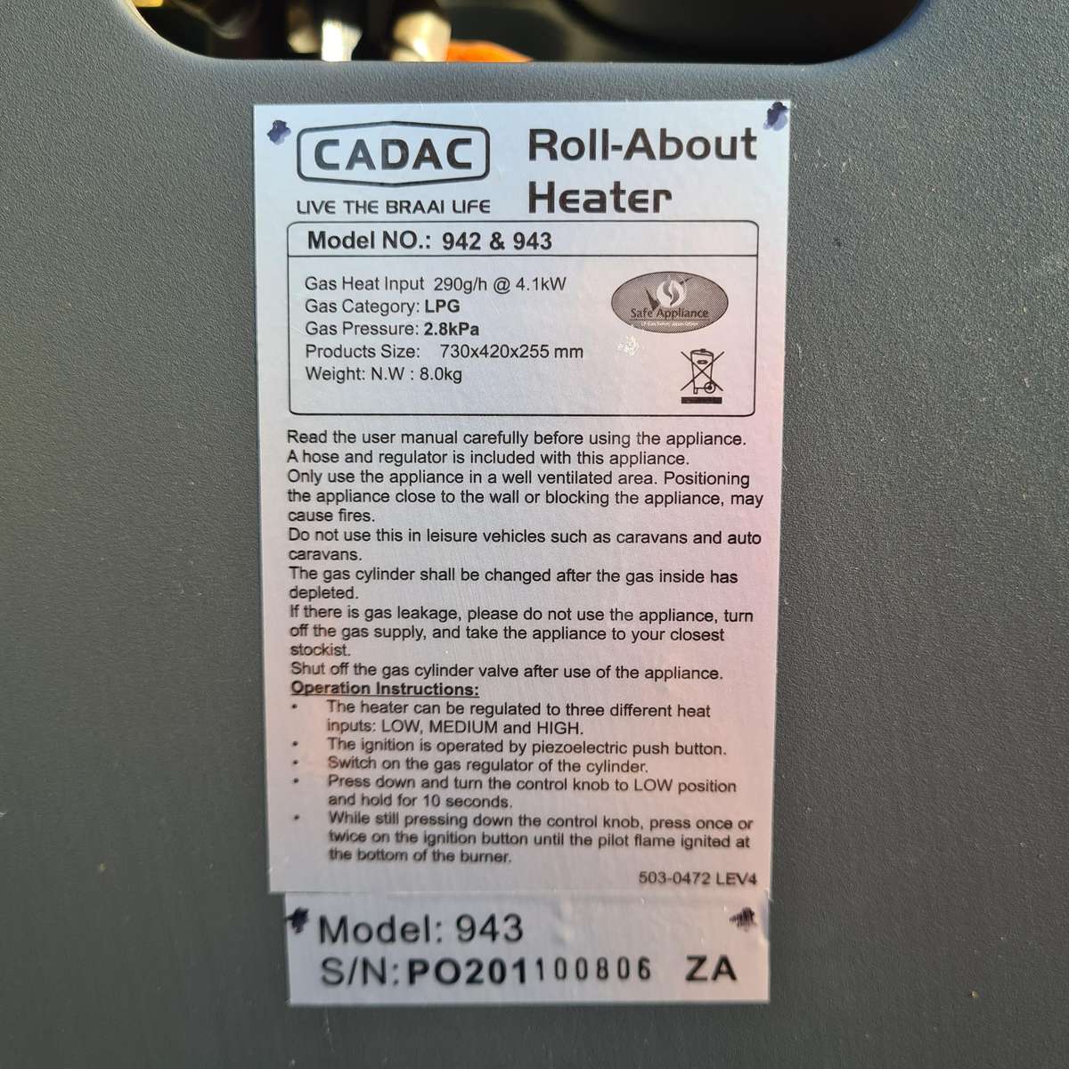 Cadac Roll-About 3-Panel heater - Model 943