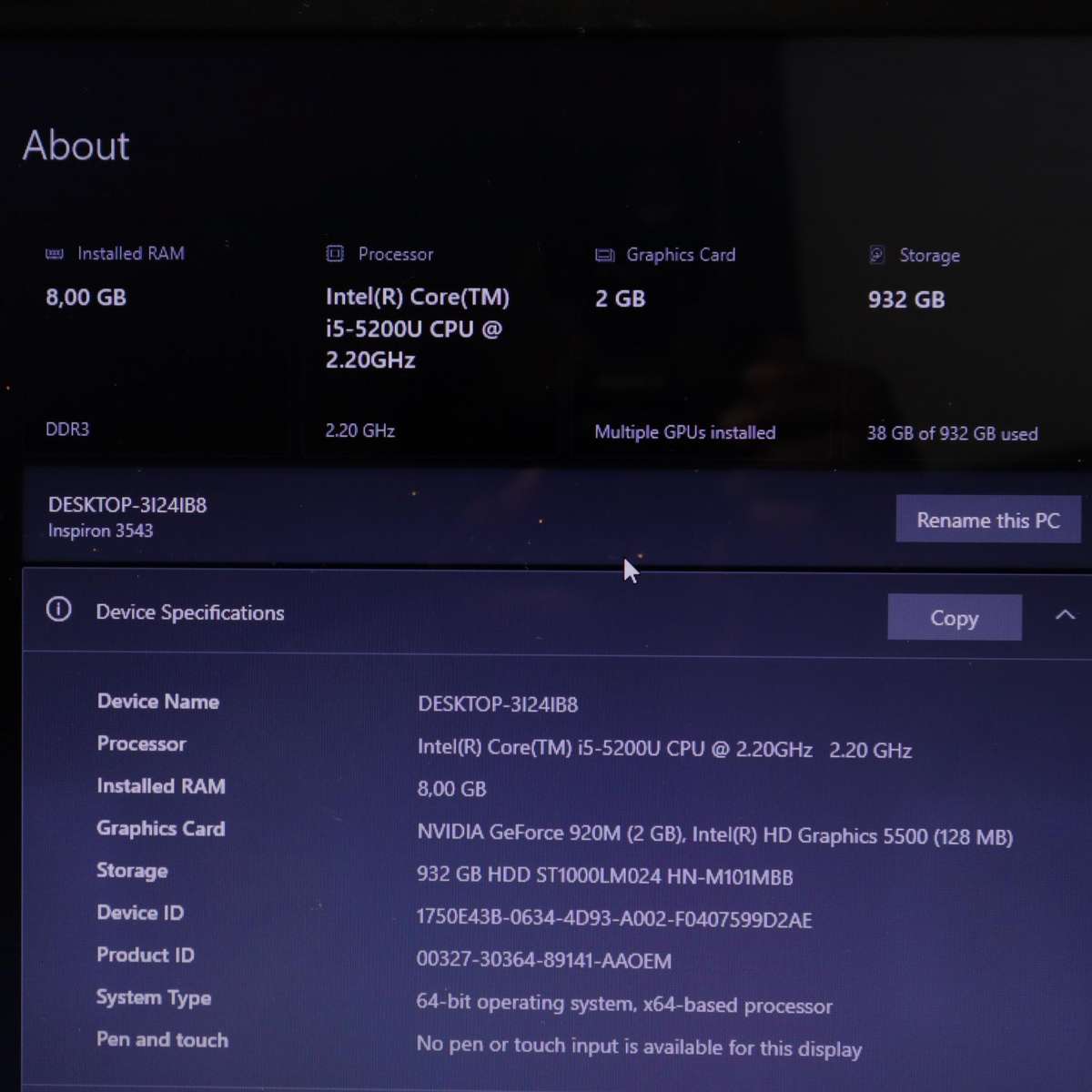 Dell Inspiron 3543 Laptop - Core i5 2.20GHz NVIDIA GeForce 920M 8GB RAM 1TB HDD