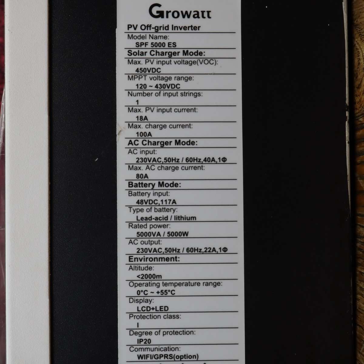 Growatt Solar Hybrid Pure Sine Wave PV Off-grid Inverter - 48V 5KW (SPF 5000 ES)