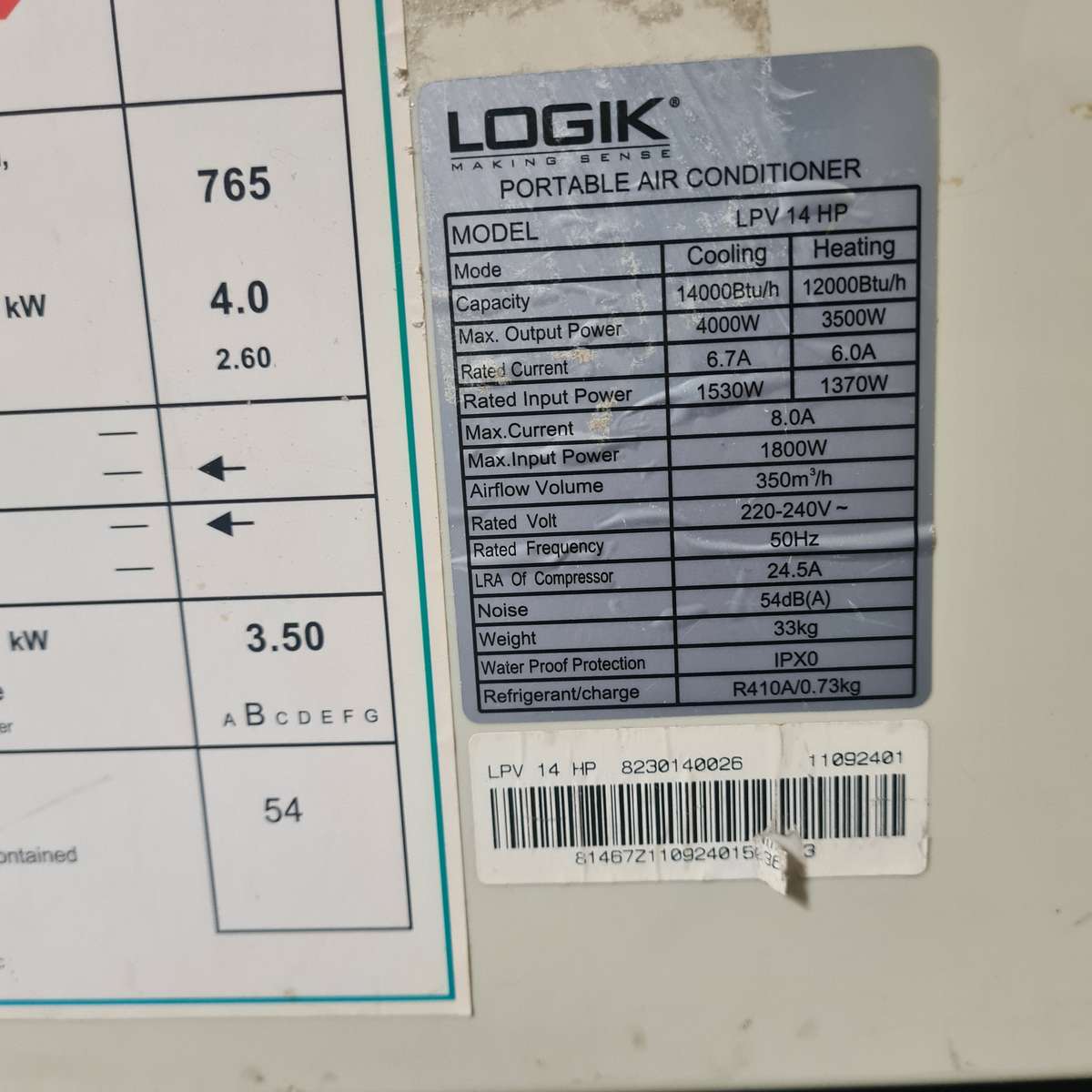 Logik 14000 BTU Portable Air Conditioner with Heating Function (LPV 14 HP) - Pre-Owned