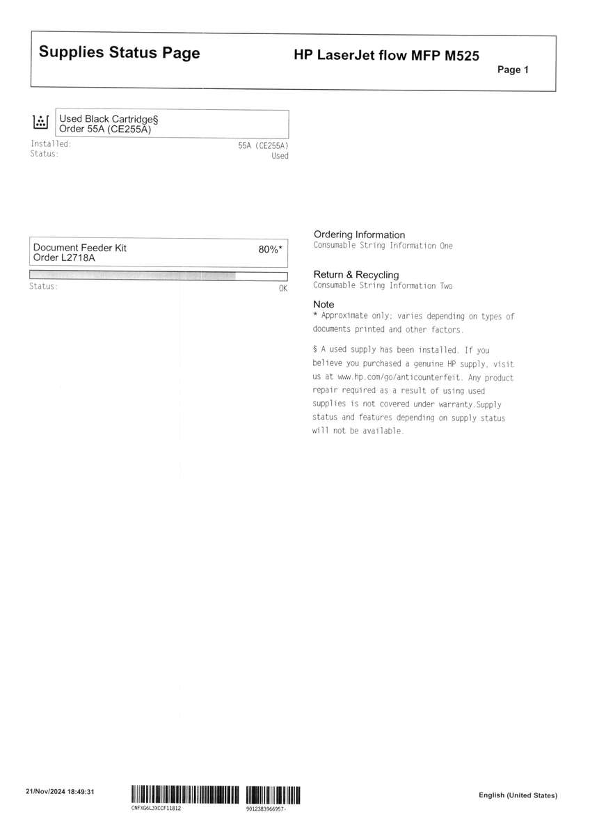 HP LaserJet Enterprise flow MFP M525c Mono Printer CF118A