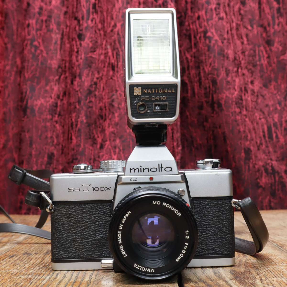 Minolta SRT100 35mm Film SLR Camera with National PE-2410 Flash - MD Rokkor f2/50mm
