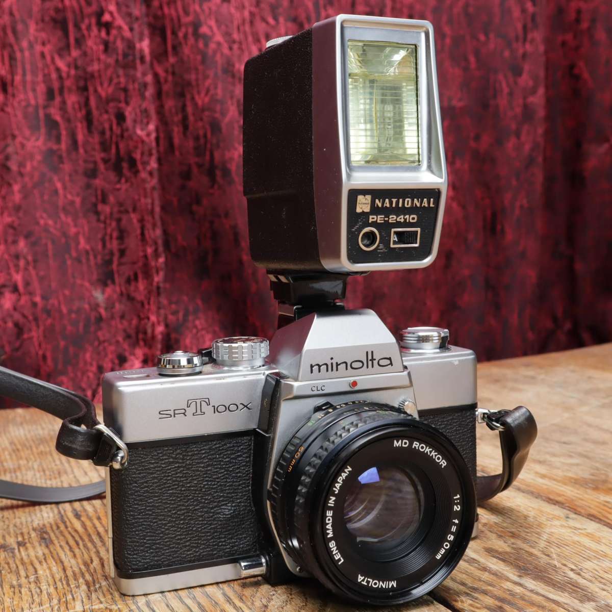 Minolta SRT100 35mm Film SLR Camera with National PE-2410 Flash - MD Rokkor f2/50mm