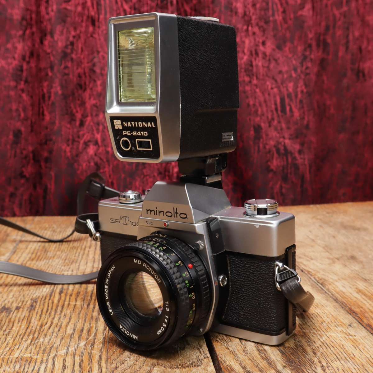 Minolta SRT100 35mm Film SLR Camera with National PE-2410 Flash - MD Rokkor f2/50mm
