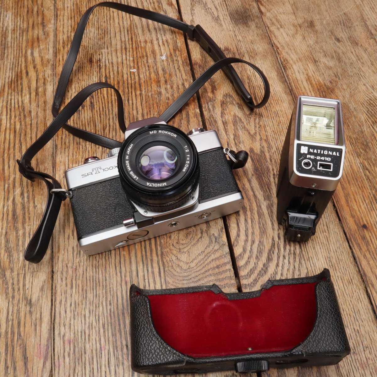 Minolta SRT100 35mm Film SLR Camera with National PE-2410 Flash - MD Rokkor f2/50mm