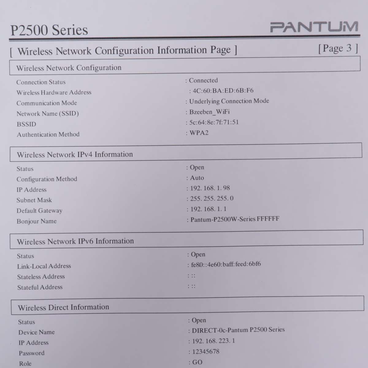 Pantum P2512W Mono Laser Printer Wi-Fi Capability - Open Box