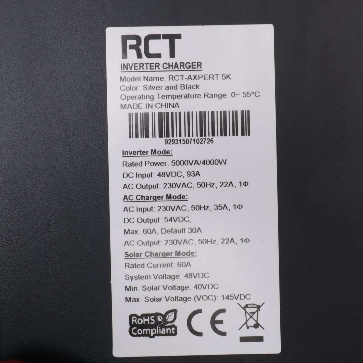 RCT Hybrid Solar MPPT Pure Sine Wave Inverter 5000VA/4000W 48VDC - RCT-AXPERT 5K