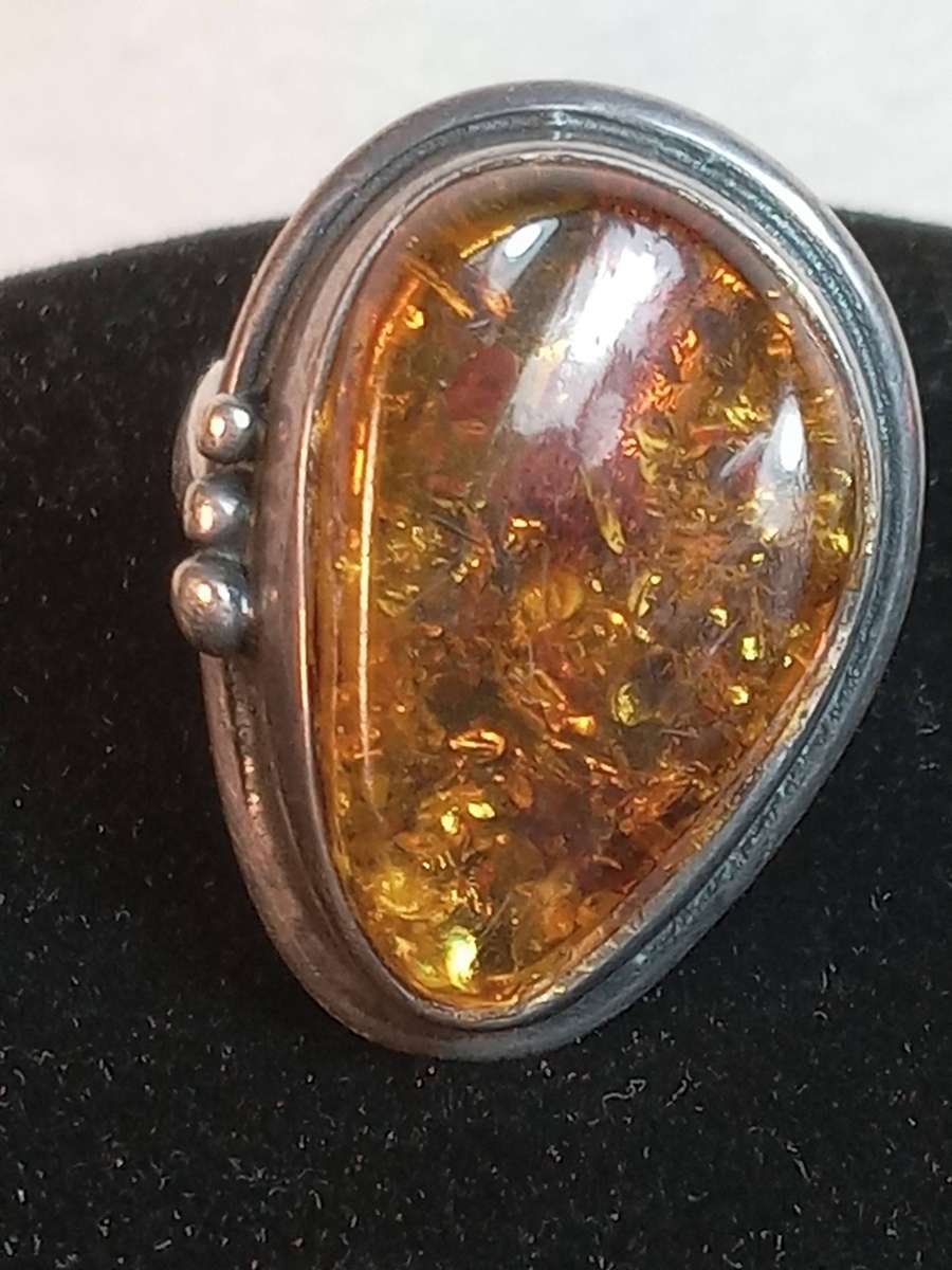 Antique Sterling Silver and Baltic Amber Ring size M 1/2