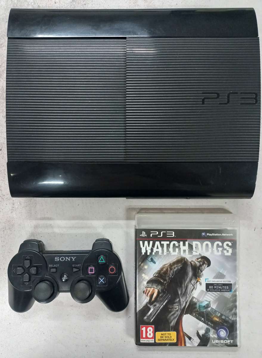 Sony PlayStation 3  Super Slim 500GB Console (Black) + Watch Dogs (PS3) (In Onriginal Box)