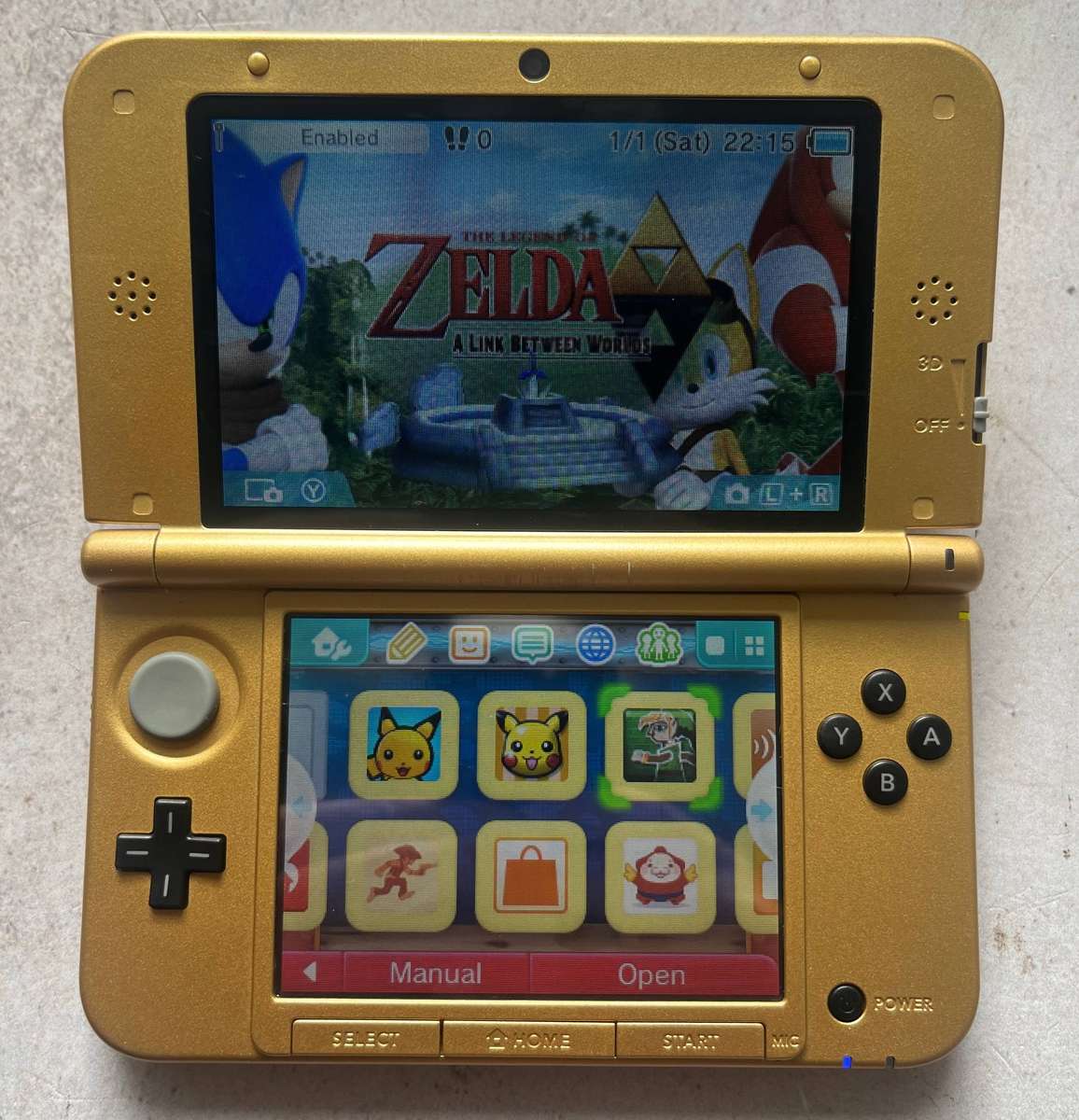 Nintendo 3DS XL Zelda Edition  Gold  Modded  Console + Charger