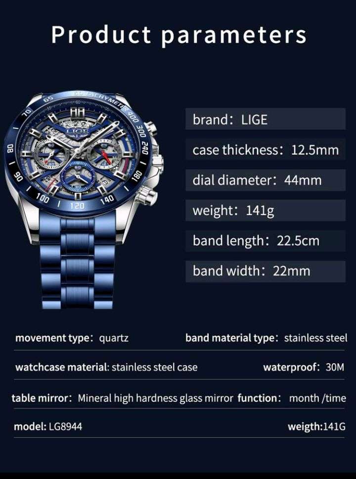 LIGE Mens Watch with Stainless Steel Top Brand Luxury Sports Quartz Watch