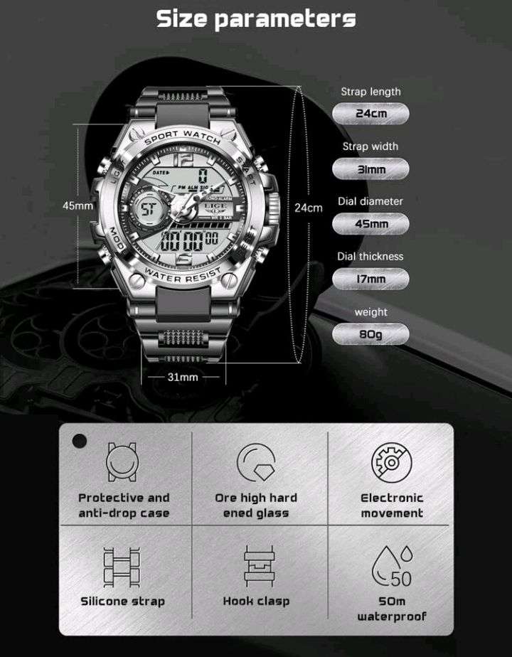 LIGE Digital Men Military Watch 50m Waterproof Wristwatch Quartz Sport Watch