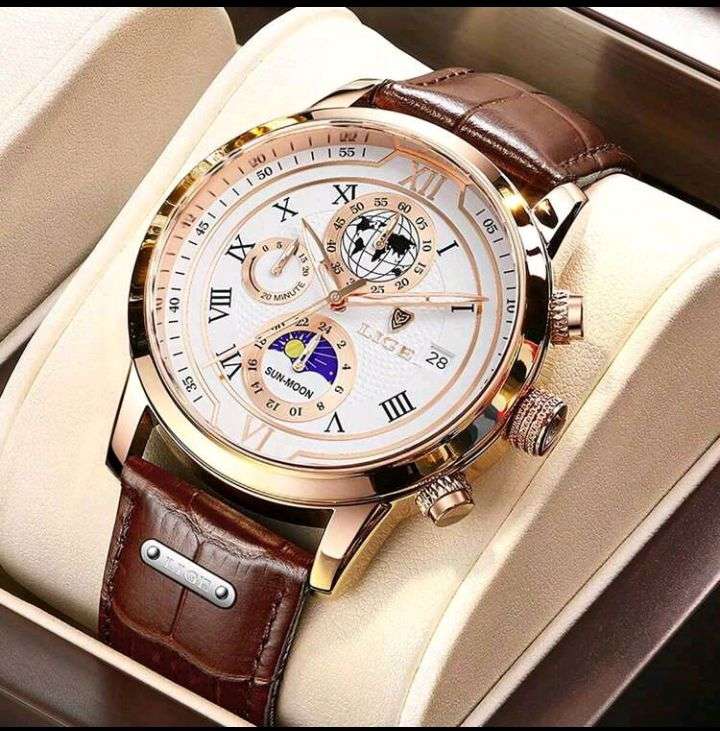 LIGE High-End Business Watch Men's Watch 24-Hour Moon Phase Rotating Waterproof Calendar Luminous