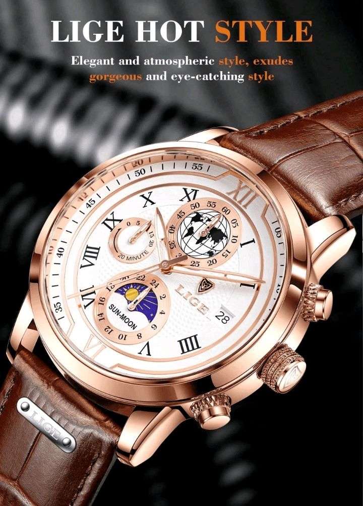 LIGE High-End Business Watch Men's Watch 24-Hour Moon Phase Rotating Waterproof Calendar Luminous