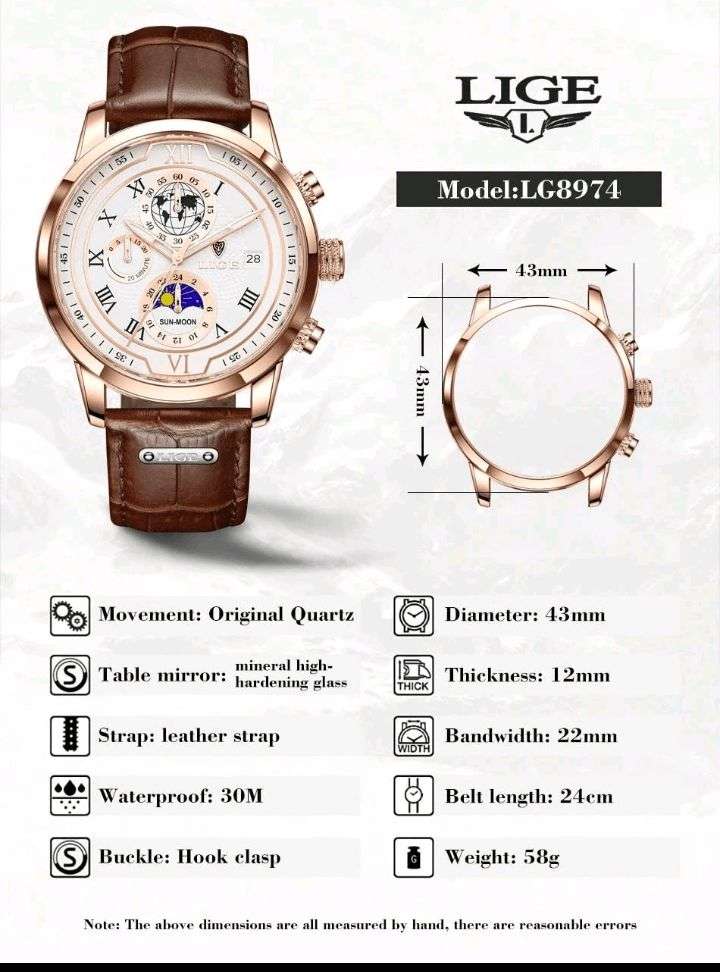 LIGE High-End Business Watch Men's Watch 24-Hour Moon Phase Rotating Waterproof Calendar Luminous