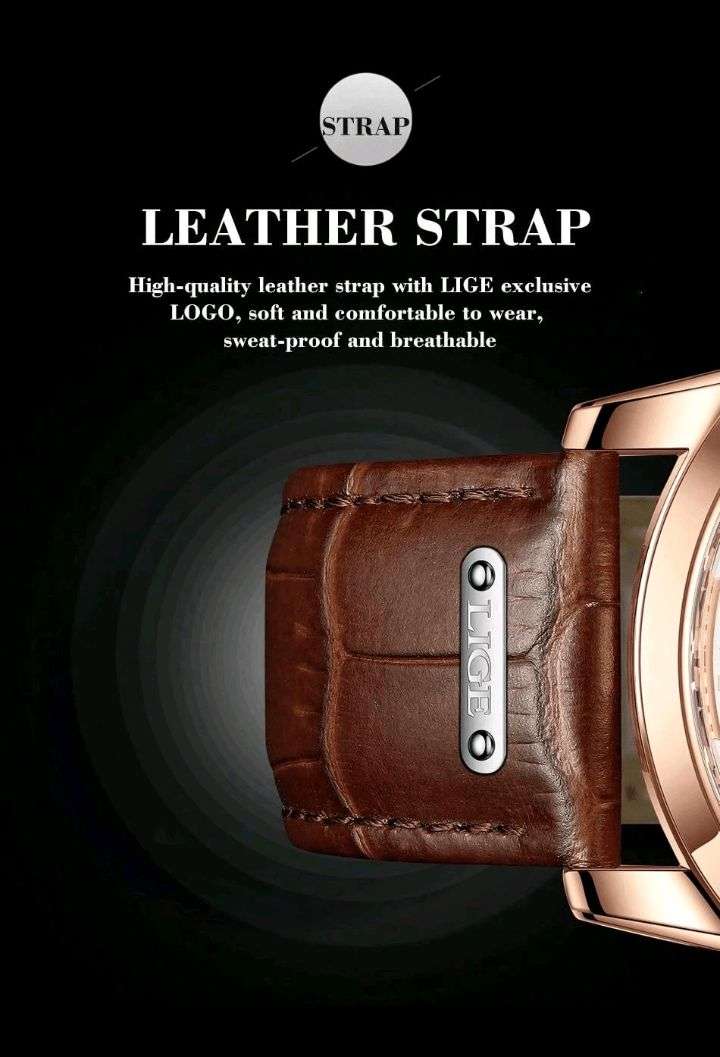 LIGE High-End Business Watch Men's Watch 24-Hour Moon Phase Rotating Waterproof Calendar Luminous