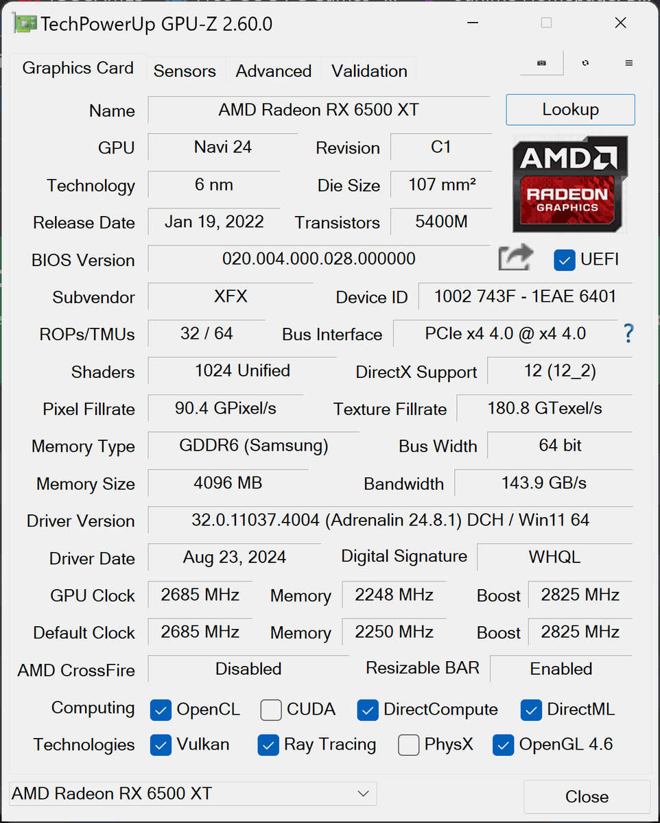 XFX Radeon RX 6500 XT Speedster QICK 4GB GDDR6 64-bit PCI-E 4.0 Desktop Graphics Card