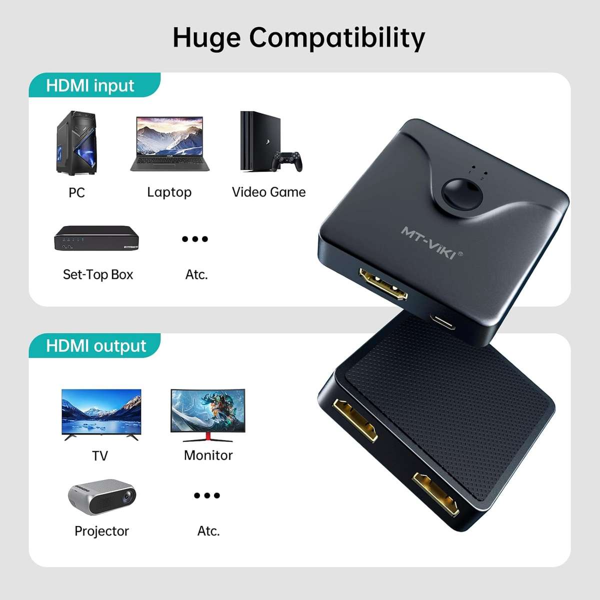 MT-VIKI 4K HDMI Switch 2 in 1 Out Bi-Directional HDMI 2.0 Switcher Splitter 1 in 2 Out (One Display)
