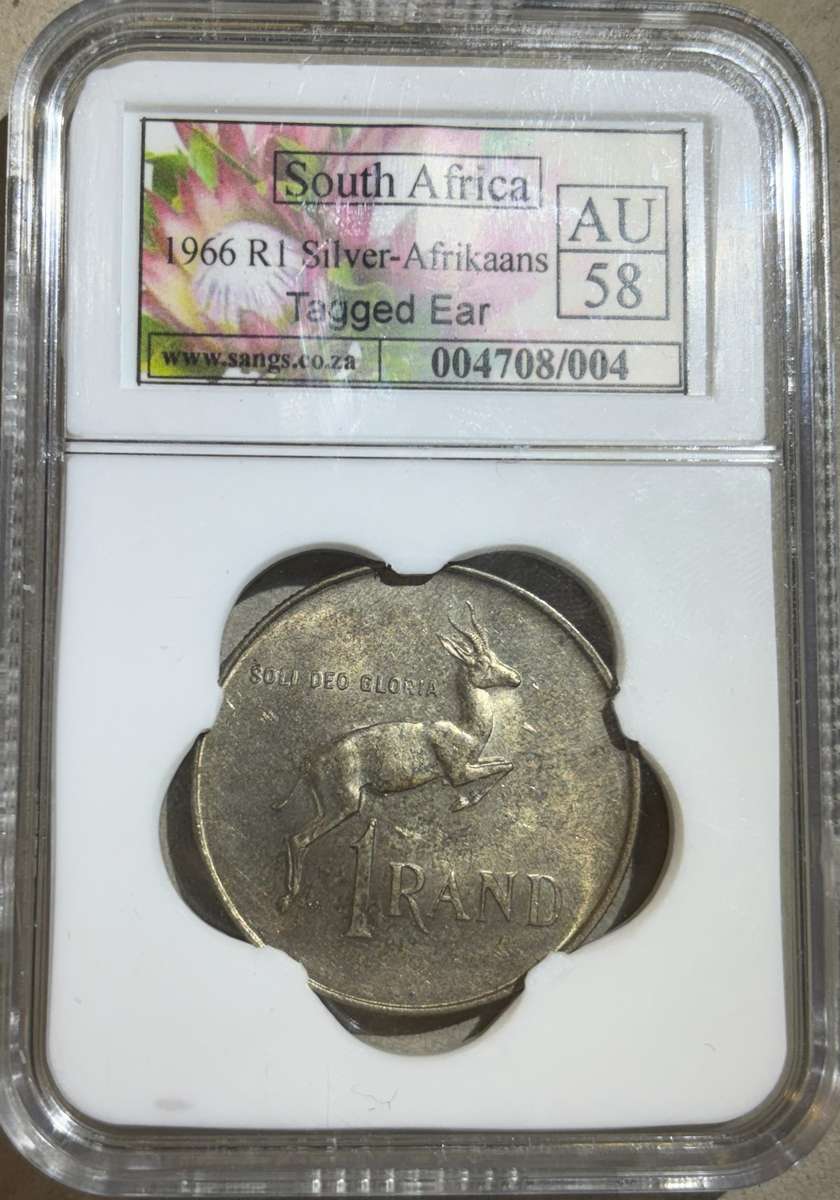 1966 South African one rand Afrikaans (Springbok with tagged ear)