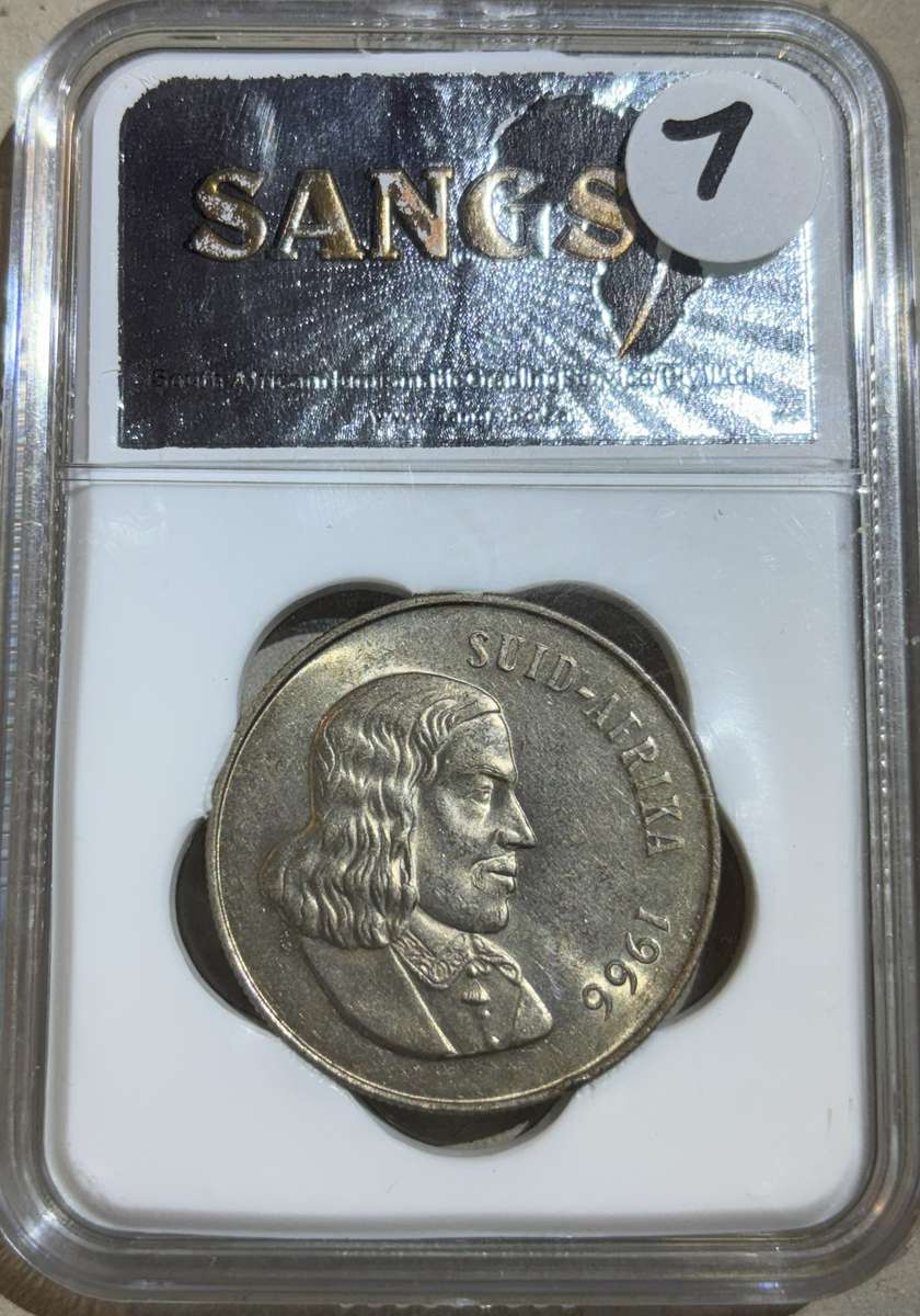 1966 South African one rand Afrikaans (Springbok with tagged ear)