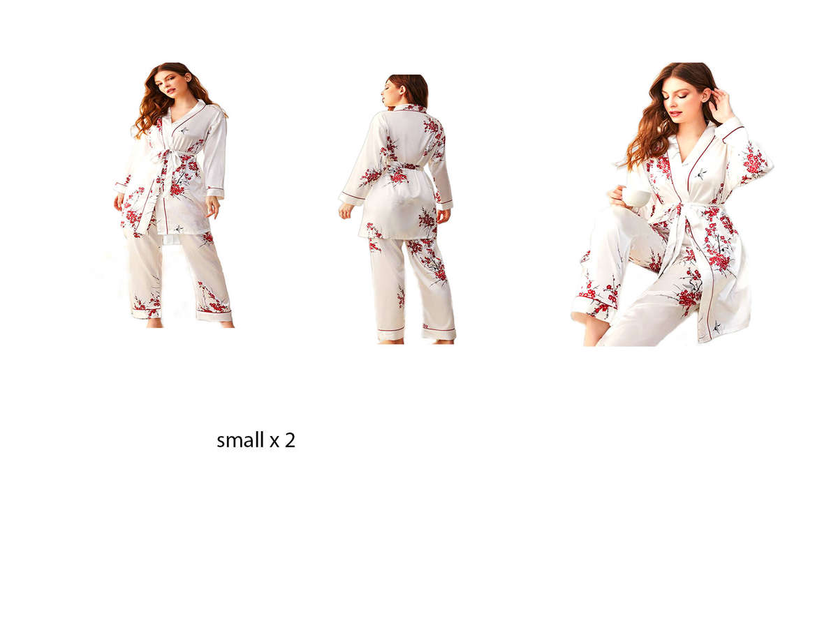 Shein 2 piece satin PJ white rose